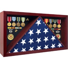 صندوق ظلال عسكري كبير من ILOT - علبة علم من الخشب الصلب لعلم دفن المحاربين القدامى الأمريكي مقاس 5 × 9.5 بوصة، وبطانة مخملية مثل اللباد للميداليات، وزجاج شبكي مصقول (الماهوجني) in Kuwait