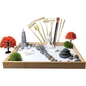 مجموعة أدوات حديقة زن DIY لتزيين مكتب المكتب، مجموعة صندوق رمل صغير للتأمل، هدية للزوجة والأم والصديقة والجدة - تشمل شجرة صناعية وبوذا والمعبد والحجر.. (حديقة زن السجل) in Kuwait