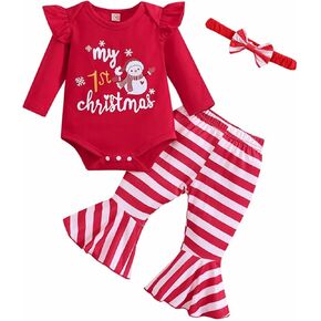 Honykids My First Christmas Baby Girl Outfit My 1st Christmas Romper+ Flared Pants+Headband Xmas Clothes Set in Kuwait