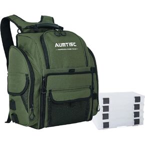 AUMTISC Fishing Tackle Backpack with 4 Tackle Boxes, Rod Holder, Protective Rain Cover, Waterproof Large Fishing Tackle Gear Bag for Fishing, Camping, Hiking (Black, Green, Camouflage) in Kuwait