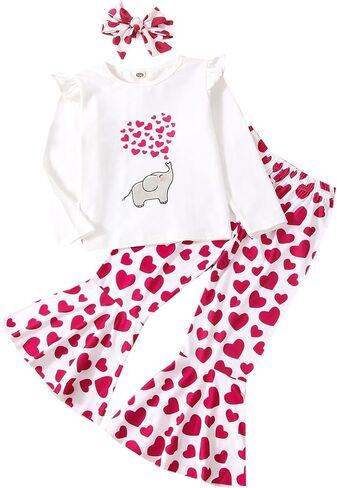 Toddler Baby Girl Valentine's Day Outfit Long Sleeve Elephant Heart T-Shirt Top Bell Bottom Pants Headband 3Pcs Set in Saudi Arabia