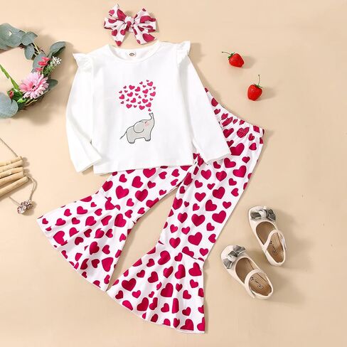 Toddler Baby Girl Valentine's Day Outfit Long Sleeve Elephant Heart T-Shirt Top Bell Bottom Pants Headband 3Pcs Set in Saudi Arabia