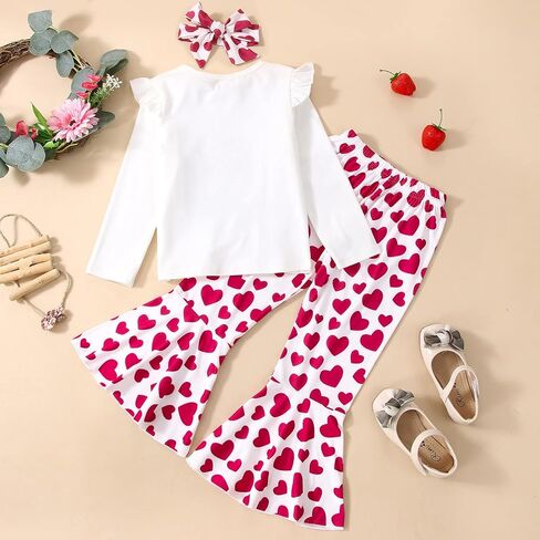 Toddler Baby Girl Valentine's Day Outfit Long Sleeve Elephant Heart T-Shirt Top Bell Bottom Pants Headband 3Pcs Set in Saudi Arabia