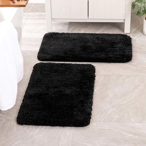 MIULEE Set of 2 Non Slip Shaggy Bathroom Rugs Extra Thick Soft Bath Mats Plush Microfiber Absorbent Water for Tub Shower Machine Washable (Black, 16x24 inches) in Saudi Arabia