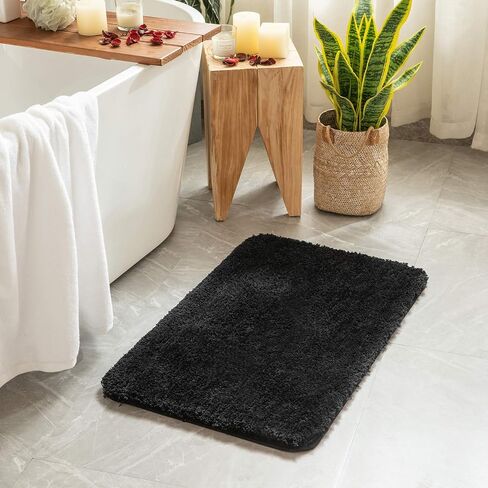 MIULEE Set of 2 Non Slip Shaggy Bathroom Rugs Extra Thick Soft Bath Mats Plush Microfiber Absorbent Water for Tub Shower Machine Washable (Black, 16x24 inches) in Saudi Arabia