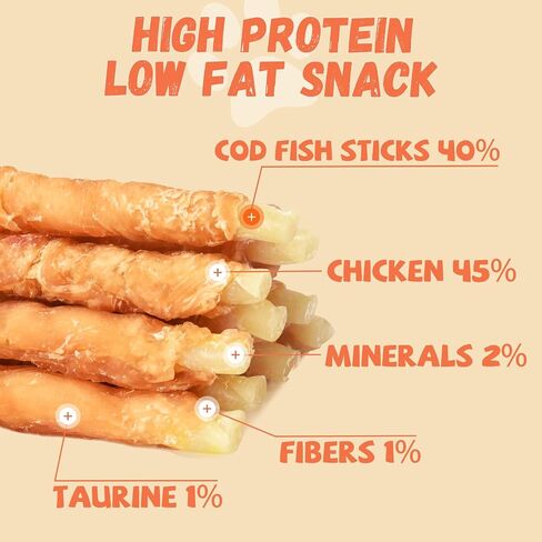 Pawmate Chicken Wrapped Cod Sticks Dog Treats, Grain Rawhide Free All Natural Healthy Chewy Snacks for Small Medium Large Dogs 10.58OZ in Saudi Arabia