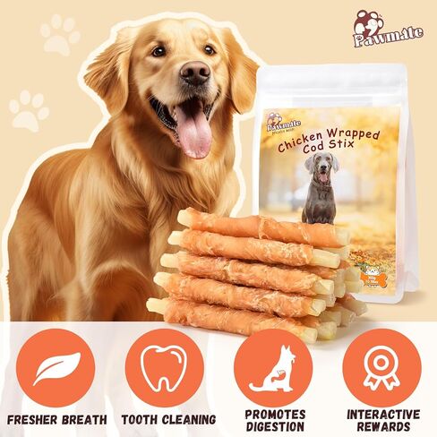 Pawmate Chicken Wrapped Cod Sticks Dog Treats, Grain Rawhide Free All Natural Healthy Chewy Snacks for Small Medium Large Dogs 10.58OZ in Saudi Arabia