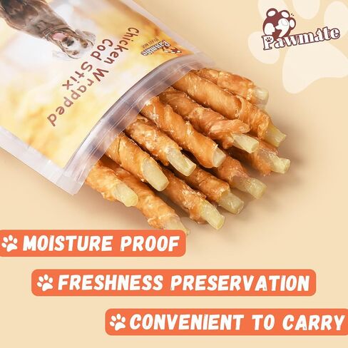 Pawmate Chicken Wrapped Cod Sticks Dog Treats, Grain Rawhide Free All Natural Healthy Chewy Snacks for Small Medium Large Dogs 10.58OZ in Saudi Arabia