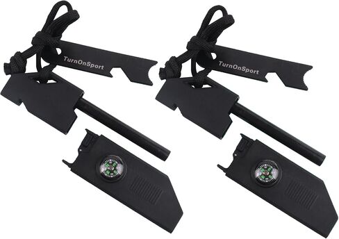 Magnesium Fire Starter Survival Kit | Waterproof Flint Steel Fire Starter with Compass | TurnOnSport Ferro Rods Fire Striker with Whistle & Paracord Lanyard for Camping, Hiking (Pack of 2) - Black in Kuwait