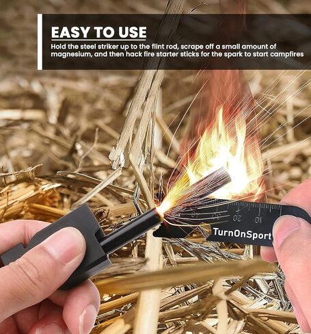 Magnesium Fire Starter Survival Kit | Waterproof Flint Steel Fire Starter with Compass | TurnOnSport Ferro Rods Fire Striker with Whistle & Paracord Lanyard for Camping, Hiking (Pack of 2) - Black in Kuwait