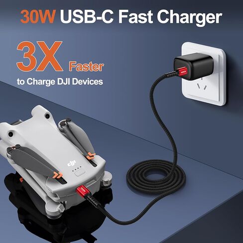 شاحن سريع 30 وات USB-C من Betschkim لـ DJI Mini 4 Pro، Mini 3 Pro/Mini 3، Mini 2 SE، Avata، Air 3، Air 2S Drones، شاحن حائط من النوع C مع كابل USB C إلى USB C لملحقات طائرات DJI بدون طيار - 6.6 قدم in Kuwait