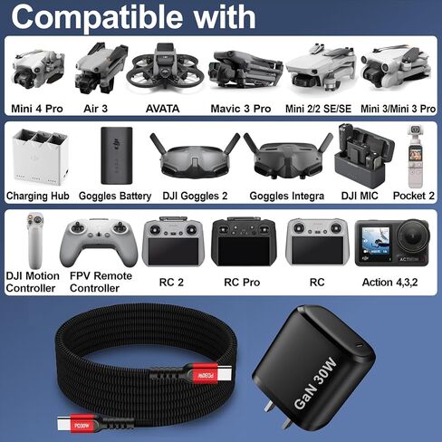 شاحن سريع 30 وات USB-C من Betschkim لـ DJI Mini 4 Pro، Mini 3 Pro/Mini 3، Mini 2 SE، Avata، Air 3، Air 2S Drones، شاحن حائط من النوع C مع كابل USB C إلى USB C لملحقات طائرات DJI بدون طيار - 6.6 قدم in Kuwait
