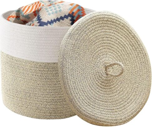 سلة بطانية Tegance مع غطاء، 16 بوصة عمق × 14 بوصة ارتفاع، سلة كبيرة من الحبال المنسوجة، سلة غسيل، سلة تخزين ألعاب الأطفال، سلة حضانة مزخرفة لغرفة المعيشة وغرفة النوم مع مقابض (بيج) in Kuwait