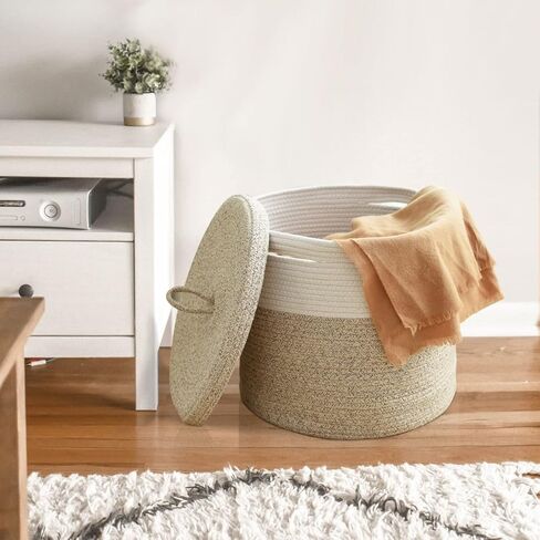 سلة بطانية Tegance مع غطاء، 16 بوصة عمق × 14 بوصة ارتفاع، سلة كبيرة من الحبال المنسوجة، سلة غسيل، سلة تخزين ألعاب الأطفال، سلة حضانة مزخرفة لغرفة المعيشة وغرفة النوم مع مقابض (بيج) in Kuwait