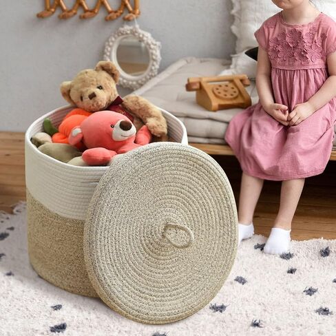 سلة بطانية Tegance مع غطاء، 16 بوصة عمق × 14 بوصة ارتفاع، سلة كبيرة من الحبال المنسوجة، سلة غسيل، سلة تخزين ألعاب الأطفال، سلة حضانة مزخرفة لغرفة المعيشة وغرفة النوم مع مقابض (بيج) in Kuwait