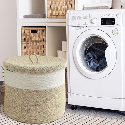 سلة بطانية Tegance مع غطاء، 16 بوصة عمق × 14 بوصة ارتفاع، سلة كبيرة من الحبال المنسوجة، سلة غسيل، سلة تخزين ألعاب الأطفال، سلة حضانة مزخرفة لغرفة المعيشة وغرفة النوم مع مقابض (بيج) in Kuwait