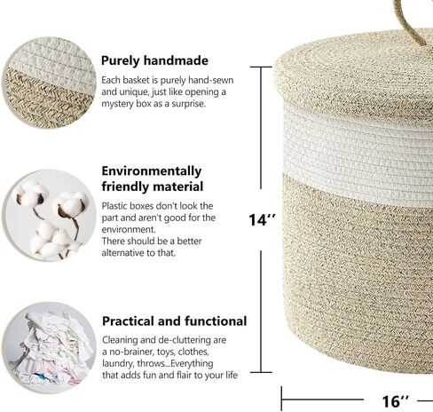 سلة بطانية Tegance مع غطاء، 16 بوصة عمق × 14 بوصة ارتفاع، سلة كبيرة من الحبال المنسوجة، سلة غسيل، سلة تخزين ألعاب الأطفال، سلة حضانة مزخرفة لغرفة المعيشة وغرفة النوم مع مقابض (بيج) in Kuwait