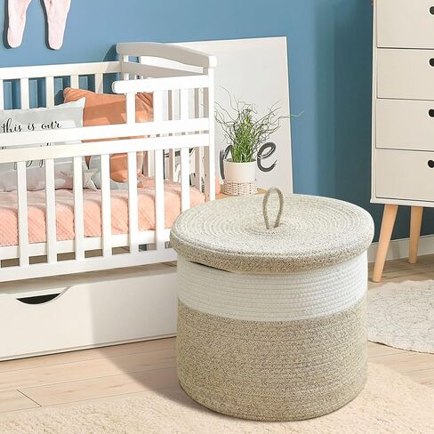 سلة بطانية Tegance مع غطاء، 16 بوصة عمق × 14 بوصة ارتفاع، سلة كبيرة من الحبال المنسوجة، سلة غسيل، سلة تخزين ألعاب الأطفال، سلة حضانة مزخرفة لغرفة المعيشة وغرفة النوم مع مقابض (بيج) in Kuwait