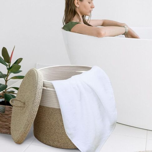 سلة بطانية Tegance مع غطاء، 16 بوصة عمق × 14 بوصة ارتفاع، سلة كبيرة من الحبال المنسوجة، سلة غسيل، سلة تخزين ألعاب الأطفال، سلة حضانة مزخرفة لغرفة المعيشة وغرفة النوم مع مقابض (بيج) in Kuwait