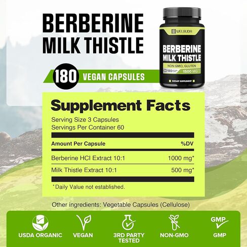WELBUDA Berberine Supplement with Milk Thistle 1500mg - 180 Capsules - Highly Concentrated Formula for Support Immune System, Circulatory System & Overall Health in Kuwait
