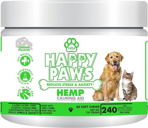 سابا هابي باوز هيمب مهدئ للكلاب والقطط - مضغ ناعم مصنوع من القنب والبابونج، يعزز الهدوء للقلق والتحكم في السلوك، ويقلل من التوتر، ويحسن النوم. -60 مضغة ناعمة in Kuwait
