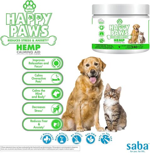 سابا هابي باوز هيمب مهدئ للكلاب والقطط - مضغ ناعم مصنوع من القنب والبابونج، يعزز الهدوء للقلق والتحكم في السلوك، ويقلل من التوتر، ويحسن النوم. -60 مضغة ناعمة in Kuwait