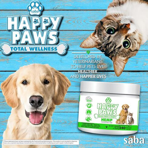 سابا هابي باوز هيمب مهدئ للكلاب والقطط - مضغ ناعم مصنوع من القنب والبابونج، يعزز الهدوء للقلق والتحكم في السلوك، ويقلل من التوتر، ويحسن النوم. -60 مضغة ناعمة in Kuwait