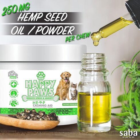 سابا هابي باوز هيمب مهدئ للكلاب والقطط - مضغ ناعم مصنوع من القنب والبابونج، يعزز الهدوء للقلق والتحكم في السلوك، ويقلل من التوتر، ويحسن النوم. -60 مضغة ناعمة in Kuwait