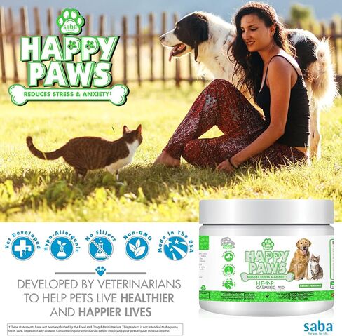 سابا هابي باوز هيمب مهدئ للكلاب والقطط - مضغ ناعم مصنوع من القنب والبابونج، يعزز الهدوء للقلق والتحكم في السلوك، ويقلل من التوتر، ويحسن النوم. -60 مضغة ناعمة in Kuwait