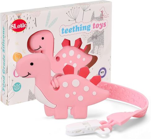 Baby Teething Toys for Babies 3-6 6-12 Months, Dinosaur Teether Pain Relief Toy with One Piece Design Pacifier Clip Holder Set, Freezer Safe Neutral Shower Gift for Boys and Girls (Grey) in Saudi Arabia