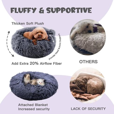 Himax Small Cat & Dog Bed with Cover, Calming Dog Bed for Small Dogs,Anti-Anxiety Donut Dog Bed with Attached Blanket,Washable Round Fluffy Pet Bed (20"/26"/35"), Light Grey in Kuwait