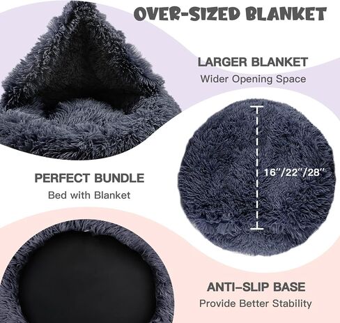 Himax Small Cat & Dog Bed with Cover, Calming Dog Bed for Small Dogs,Anti-Anxiety Donut Dog Bed with Attached Blanket,Washable Round Fluffy Pet Bed (20"/26"/35"), Light Grey in Kuwait
