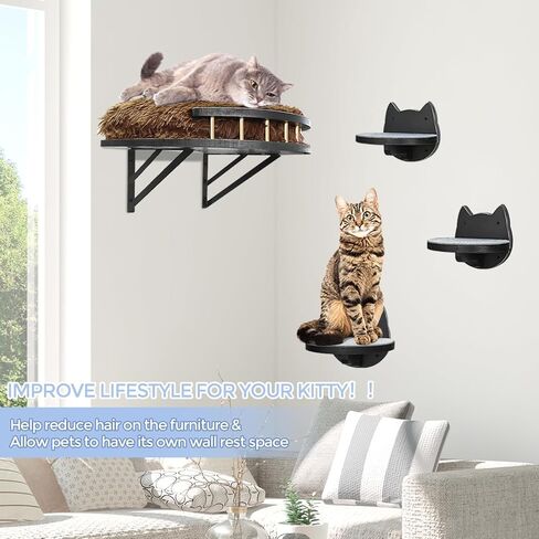 Cat Wall Furniture Set Wall Mounted, Cat Wall Shelves with Plush Cushion,3 Cat Wall Steps and Scratching Pad, Cat Shelves and Perches for Wall Fit Cat Up to 15Lbs, Cat Climbing Shelf for Indoor in Kuwait