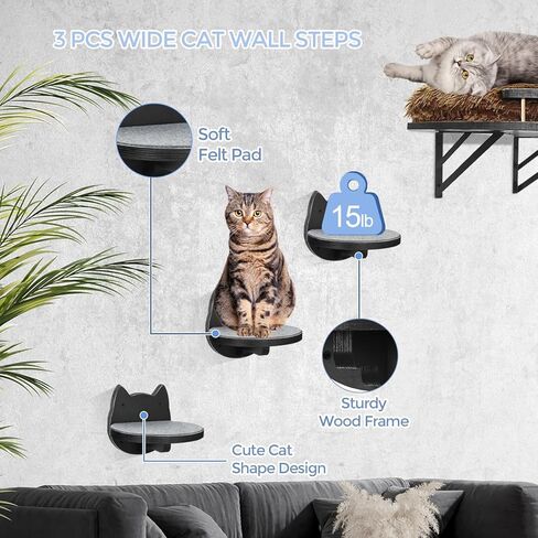 Cat Wall Furniture Set Wall Mounted, Cat Wall Shelves with Plush Cushion,3 Cat Wall Steps and Scratching Pad, Cat Shelves and Perches for Wall Fit Cat Up to 15Lbs, Cat Climbing Shelf for Indoor in Kuwait