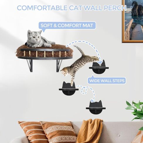 Cat Wall Furniture Set Wall Mounted, Cat Wall Shelves with Plush Cushion,3 Cat Wall Steps and Scratching Pad, Cat Shelves and Perches for Wall Fit Cat Up to 15Lbs, Cat Climbing Shelf for Indoor in Kuwait
