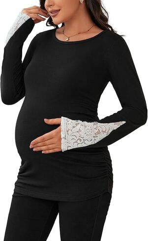 جينكانا قمصان الأمومة كم طويل بلايز الدانتيل تقليم الجولة الرقبة عادية الحمل تيز الستر ملابس أمومة لارتداء اليومي in Kuwait