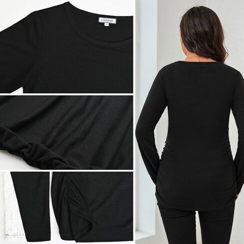 جينكانا قمصان الأمومة كم طويل بلايز الدانتيل تقليم الجولة الرقبة عادية الحمل تيز الستر ملابس أمومة لارتداء اليومي in Kuwait