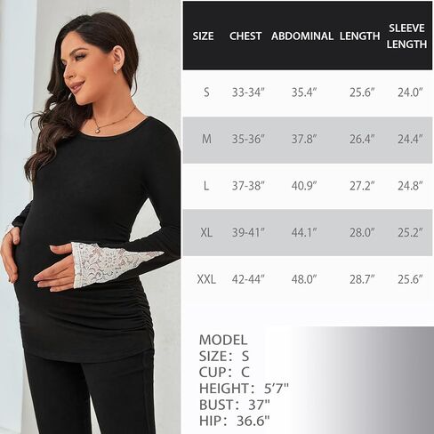 جينكانا قمصان الأمومة كم طويل بلايز الدانتيل تقليم الجولة الرقبة عادية الحمل تيز الستر ملابس أمومة لارتداء اليومي in Kuwait