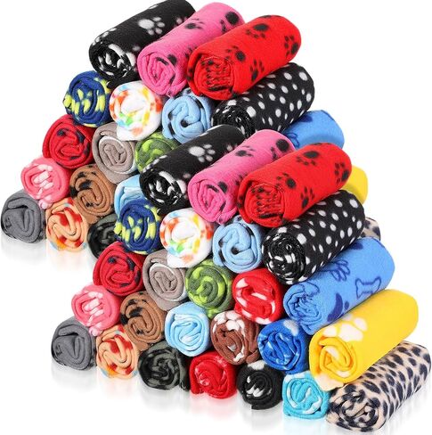 Preboun 50 Pack 24 x 28 Inch Dog Blankets with Paw Print, Soft Fleece Pets Blanket Sleep Mat Pad Bed Cover for Dogs Cats Puppy Kitten Guinea Pig and Other Small Animals, 25 Styles in Saudi Arabia