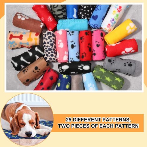 Preboun 50 Pack 24 x 28 Inch Dog Blankets with Paw Print, Soft Fleece Pets Blanket Sleep Mat Pad Bed Cover for Dogs Cats Puppy Kitten Guinea Pig and Other Small Animals, 25 Styles in Saudi Arabia