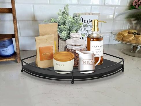 رف زاوية من الخشب Y&ME، صينية تقديم مزخرفة باللون الأسود، سطح منظم للحمام، رافعة صينية ريفية لديكور بار القهوة، رافعة عرض لقطعة مركزية للمزرعة في المطبخ/تناول الطعام in Kuwait