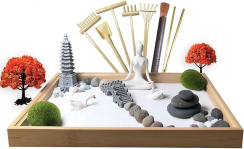 مجموعة أدوات حديقة زن DIY لتزيين مكتب المكتب، مجموعة صندوق رمل صغير للتأمل، هدية للزوجة والأم والصديقة والجدة - تشمل شجرة صناعية وبوذا والمعبد والحجر.. (حديقة زن السجل) in Kuwait