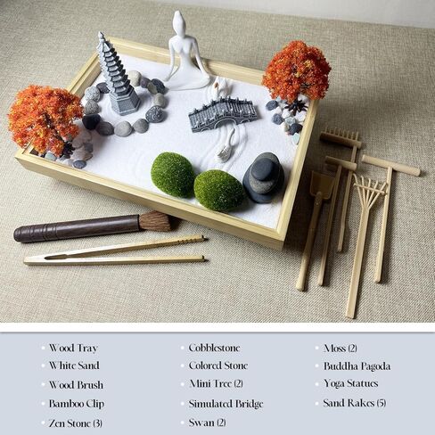 مجموعة أدوات حديقة زن DIY لتزيين مكتب المكتب، مجموعة صندوق رمل صغير للتأمل، هدية للزوجة والأم والصديقة والجدة - تشمل شجرة صناعية وبوذا والمعبد والحجر.. (حديقة زن السجل) in Kuwait