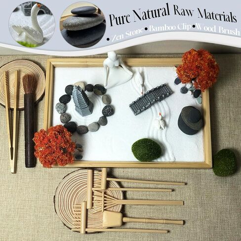 مجموعة أدوات حديقة زن DIY لتزيين مكتب المكتب، مجموعة صندوق رمل صغير للتأمل، هدية للزوجة والأم والصديقة والجدة - تشمل شجرة صناعية وبوذا والمعبد والحجر.. (حديقة زن السجل) in Kuwait