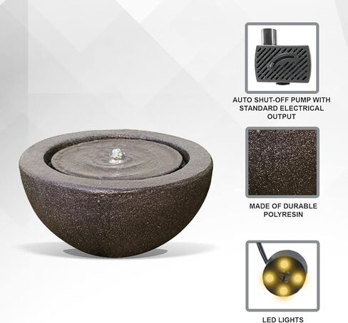 نافورة مياه مستديرة من XBrand GE2010FTBK مع إضاءة LED ديكور داخلي وخارجي، بطول 25.4 سم، رمادي in Kuwait