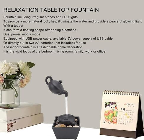 Horoper Desktop Fountain, Floating Teapot Water Tabletop Fountain Ornament USB 5V Battery Power Supply Tabletop Waterfall Decoration with LED Lights Stones in Saudi Arabia