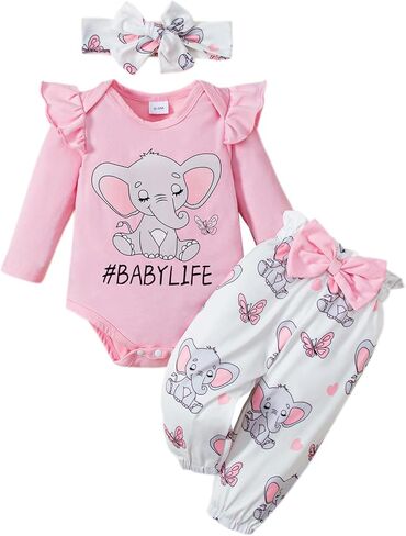 MIEKISA Baby Girls 0-18 Months Elephant Pattern Romper and Pants Outfit in Saudi Arabia
