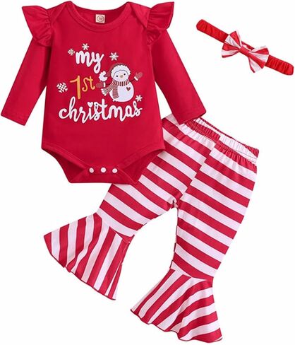 Honykids My First Christmas Baby Girl Outfit My 1st Christmas Romper+ Flared Pants+Headband Xmas Clothes Set in Kuwait