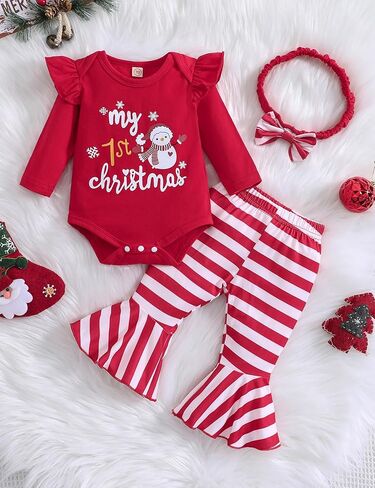 Honykids My First Christmas Baby Girl Outfit My 1st Christmas Romper+ Flared Pants+Headband Xmas Clothes Set in Kuwait