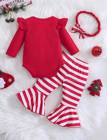 Honykids My First Christmas Baby Girl Outfit My 1st Christmas Romper+ Flared Pants+Headband Xmas Clothes Set in Kuwait